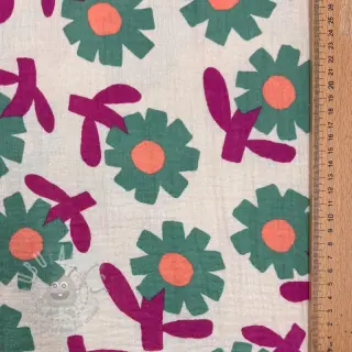 Kaksinkertainen harsokangas/musliini Flowers green by JENNIFER BOURON ORGANIC