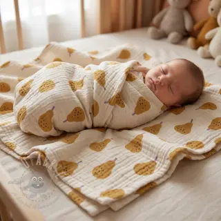 Kaksinkertainen harsokangas/musliini Pears ochre by JENNIFER BOURON ORGANIC