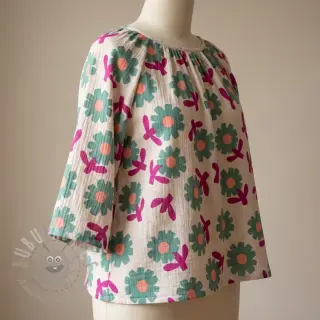 Kaksinkertainen harsokangas/musliini Flowers green by JENNIFER BOURON ORGANIC