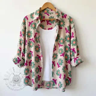 Kaksinkertainen harsokangas/musliini Flowers green by JENNIFER BOURON ORGANIC