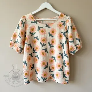 Kaksinkertainen harsokangas/musliini Flowers peach by JENNIFER BOURON ORGANIC