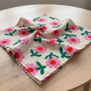 Kaksinkertainen harsokangas/musliini Flowers natural/pink by JENNIFER BOURON ORGANIC