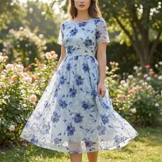 Puuvillakangas sekoitteella EMBROIDERY Rose blue