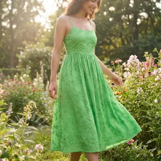 Puuvillakangas EMBROIDERY Catchy leaves green