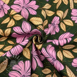 Puuvillakangas SATIN Autumn flowers dark green