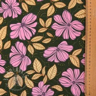 Puuvillakangas SATIN Autumn flowers dark green