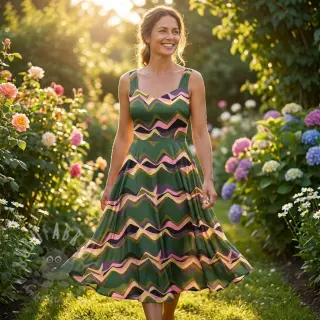 Puuvillakangas SATIN Abstract waves dark green
