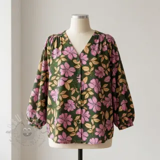 Puuvillakangas SATIN Autumn flowers dark green