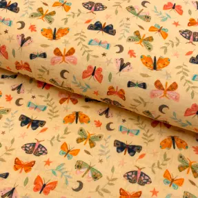 Dvojitá gázovina/mušelín Butterflies soft yellow digital print