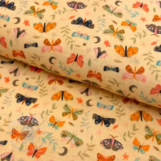 Kaksinkertainen harsokangas/musliini Butterflies soft yellow digital print