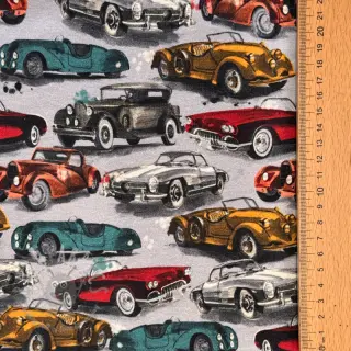 Teplákovina počesaná Old cars grey digital print