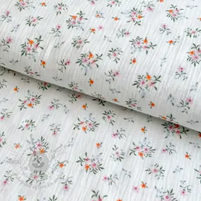 Kaksinkertainen harsokangas/musliini Flowers white ORGANIC