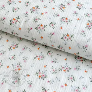 Kaksinkertainen harsokangas/musliini Flowers white ORGANIC