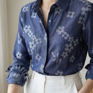 Puuvillakangas JEANS Chambre LUXURY JACQUARD Flowers dark blue