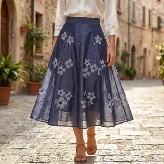 Puuvillakangas JEANS Chambre LUXURY JACQUARD Flowers dark blue