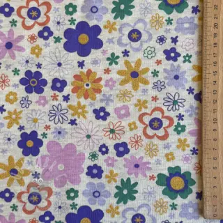 Harjattu collegekangas Glitter flowers ecru melange