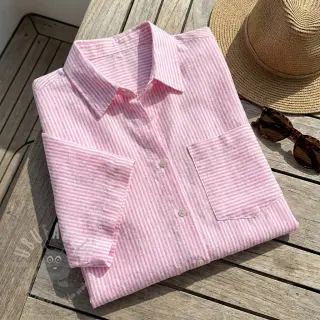Pellava puuvillalla Stripe fuchsia