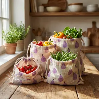 Kaksinkertainen harsokangas/musliini Pears lavender by JENNIFER BOURON ORGANIC
