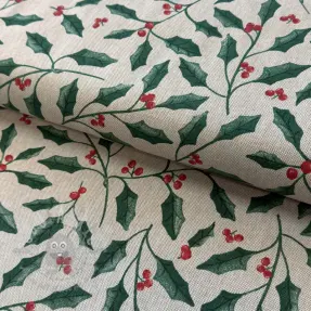 Sisustuskangas Linenlook Holly branch Xmas
