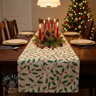 Sisustuskangas Linenlook Holly branch Xmas