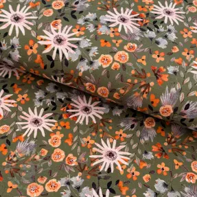 Harjattu collegekangas Flowers forest green digital print