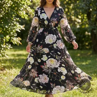 Juhla- ja naistenkankaat MAGNOLIA STRETCH Flowers bouquet black