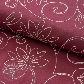 Viskoosi pellavalla EMBROIDERY Flora burgundy