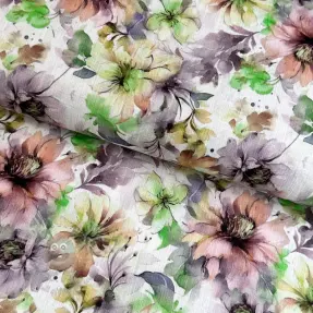 Pellava puuvillalla Peony roses RAMIE green digital print