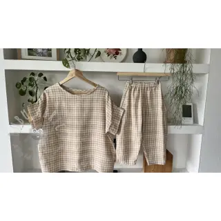 Kaksinkertainen harsokangas/musliini Double sided CHECKS MINI beige