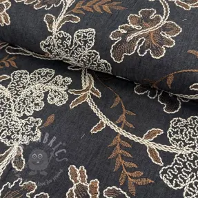 Puuvillakangas JEANS Embroidery leaves black