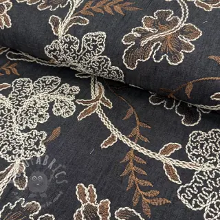 Puuvillakangas JEANS Embroidery leaves black