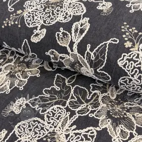 Puuvillakangas JEANS EMBROIDERY Bouquet black
