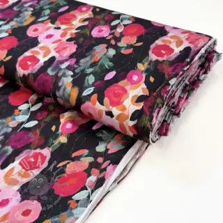 Viskoosi SATIN Night flowers black digital print