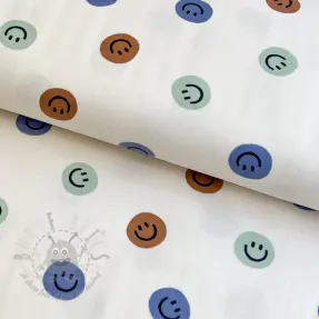 Puuvillakangas FLANNEL Happy faces off white green