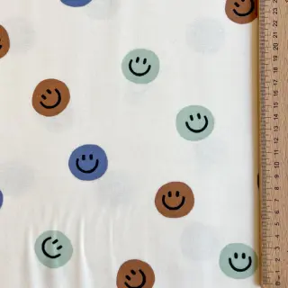 Bavlnená látka FLANNEL Happy faces off white green