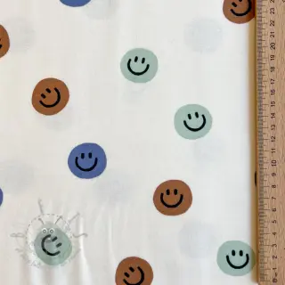 Puuvillakangas FLANNEL Happy faces off white green