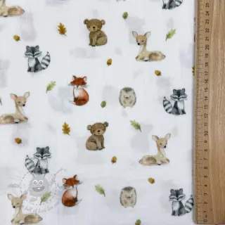 Kaksinkertainen harsokangas/musliini Forest animals white digital print