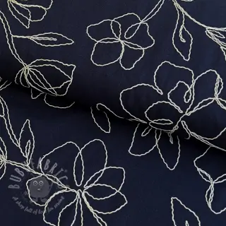 Viskóza s ľanom EMBROIDERY Flower Danielle navy