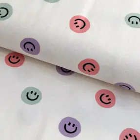 Bavlnená látka FLANNEL Happy faces off white lilac