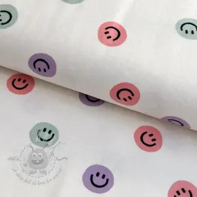 Puuvillakangas FLANNEL Happy faces off white lilac