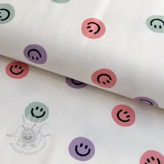 Puuvillakangas FLANNEL Happy faces off white lilac