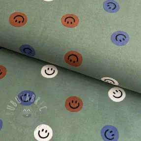 Puuvillakangas FLANNEL Happy faces army green