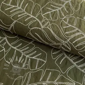 Viskoosi pellavalla EMBROIDERY Leaves forest green
