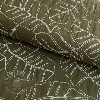 Viskoosi pellavalla EMBROIDERY Leaves forest green