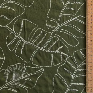 Viskoosi pellavalla EMBROIDERY Leaves forest green